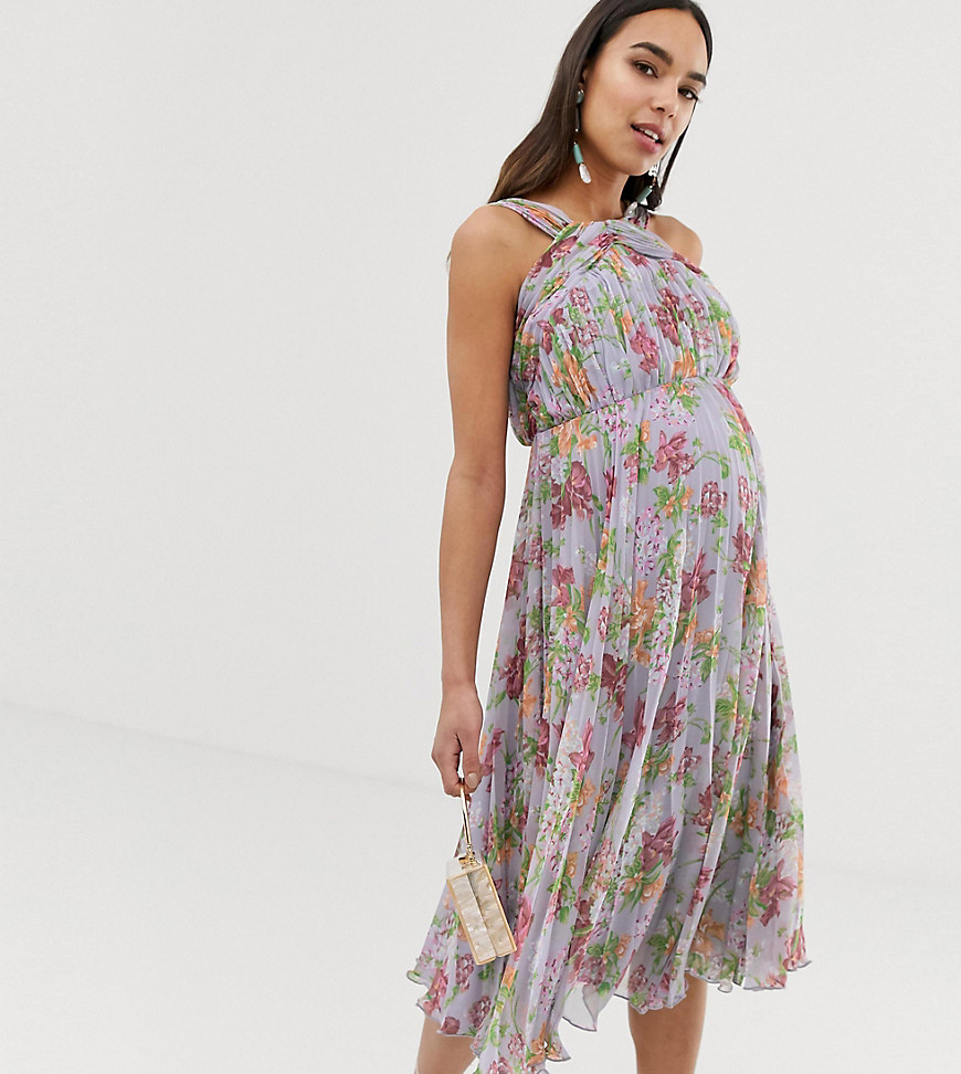 ASOS DESIGN Maternity pleated high neck midi dress in summer floral print
