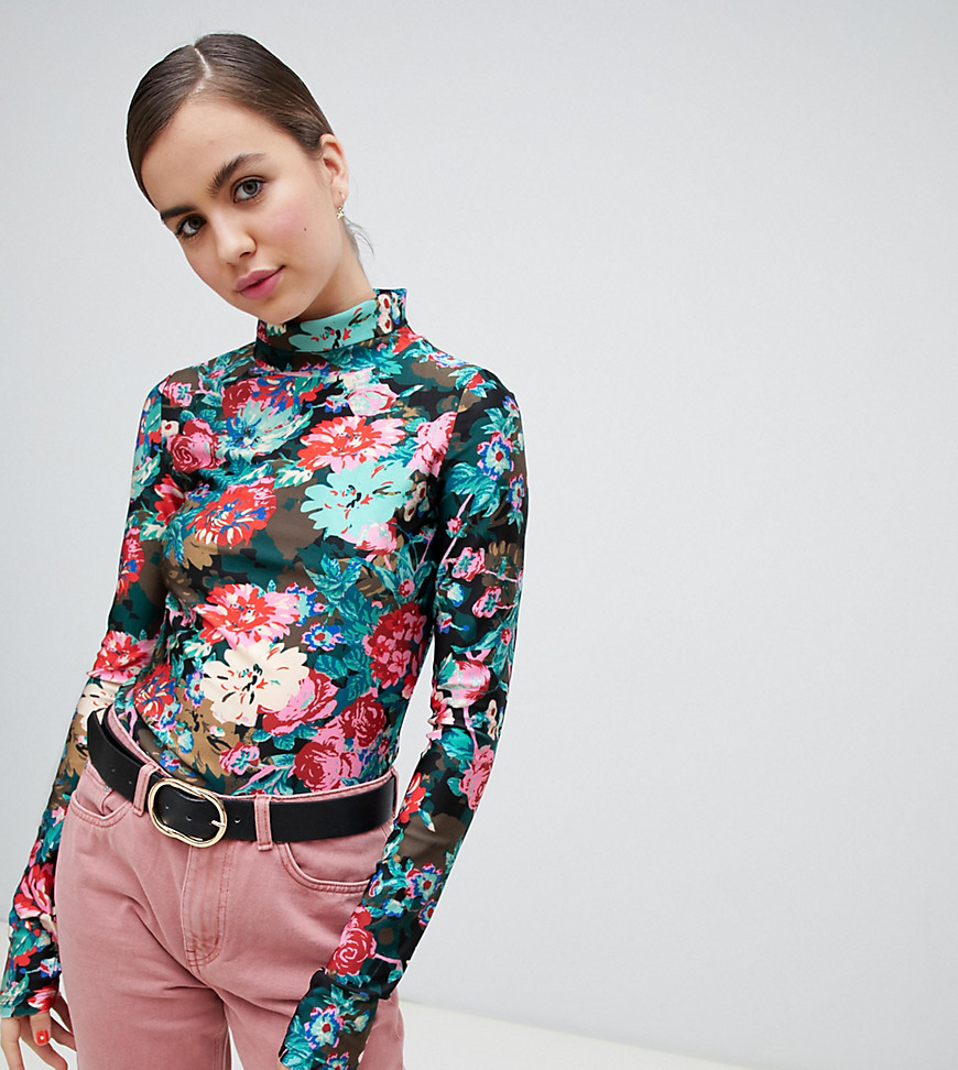Monki roll neck floral print jersey top in blue