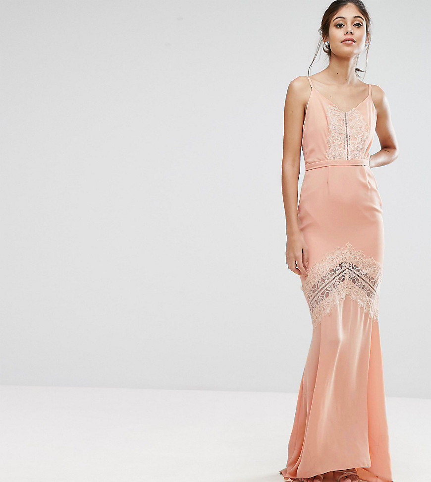 Hope & Ivy Maxi Dress With Low Back And Eyelash Lace Trim - Apricot