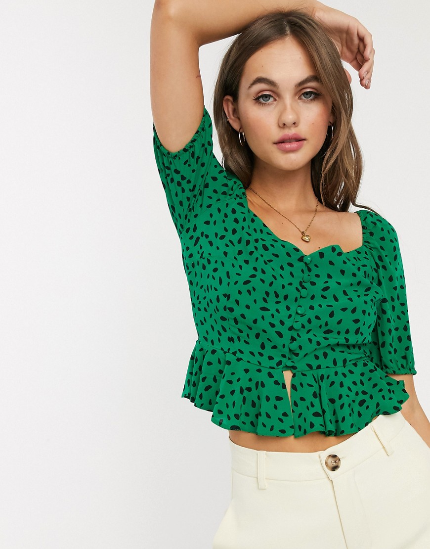 Nobody's Child button front square neck crop top in green spot print