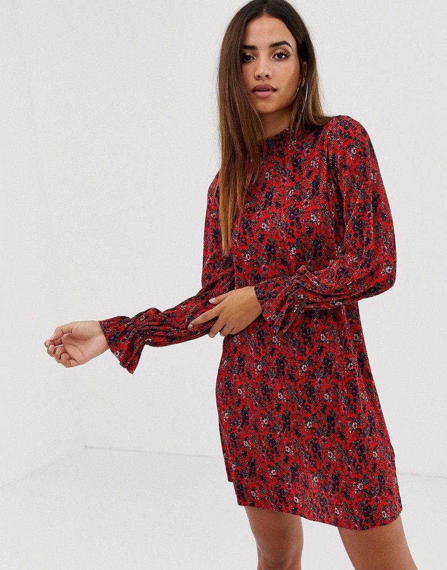 Asos Design Mini High Neck Plisse Swing Dress With In Floral Print-multi