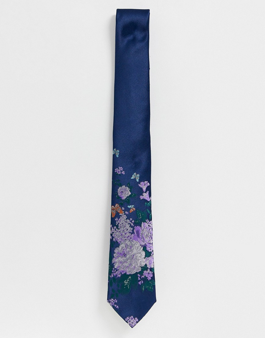 Twisted Tailor tie with floral butterfly print in blue