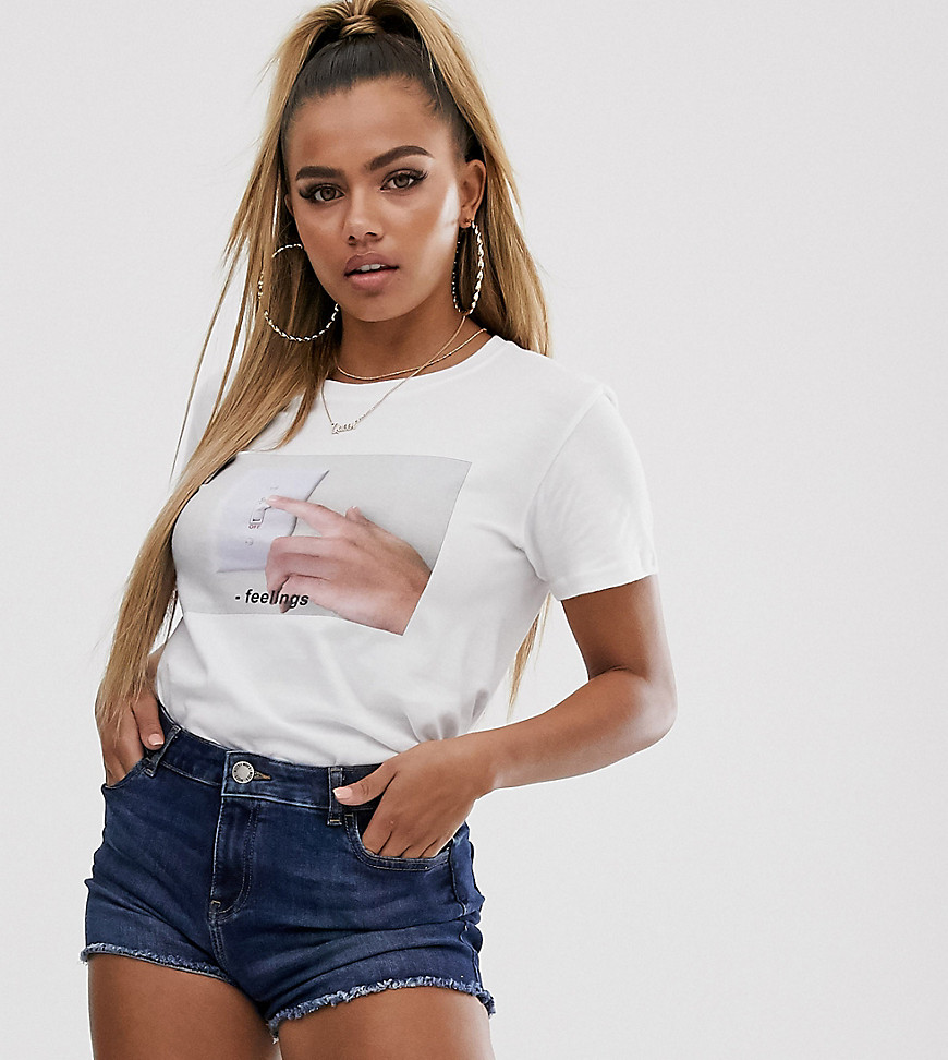 Boohoo Petite exclusive t-shirt with feelings off slogan in white