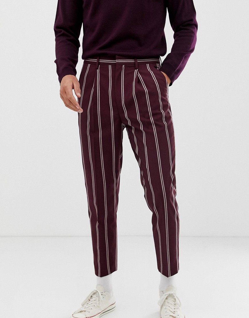 ASOS DESIGN smart tapered trousers in burgundy with pin stripe