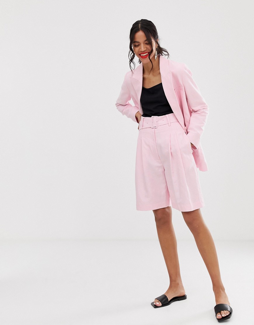 & Other Stories belted linen blend tailored shorts co-ord in pink