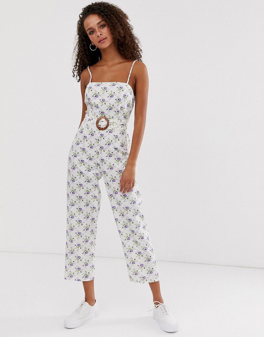 ASOS DESIGN strappy pinny belted jumpsuit in floral print