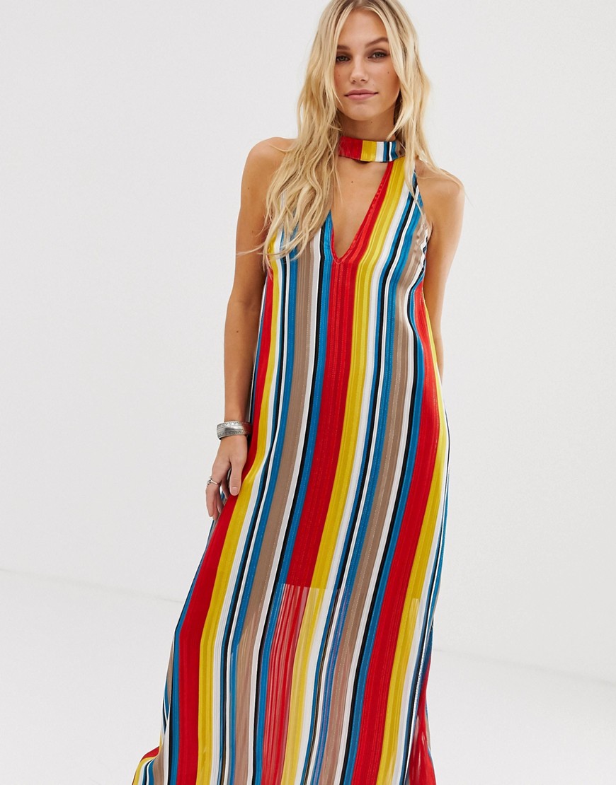 En Creme high neck maxi dress in rainbow stripe with cut out plunge front