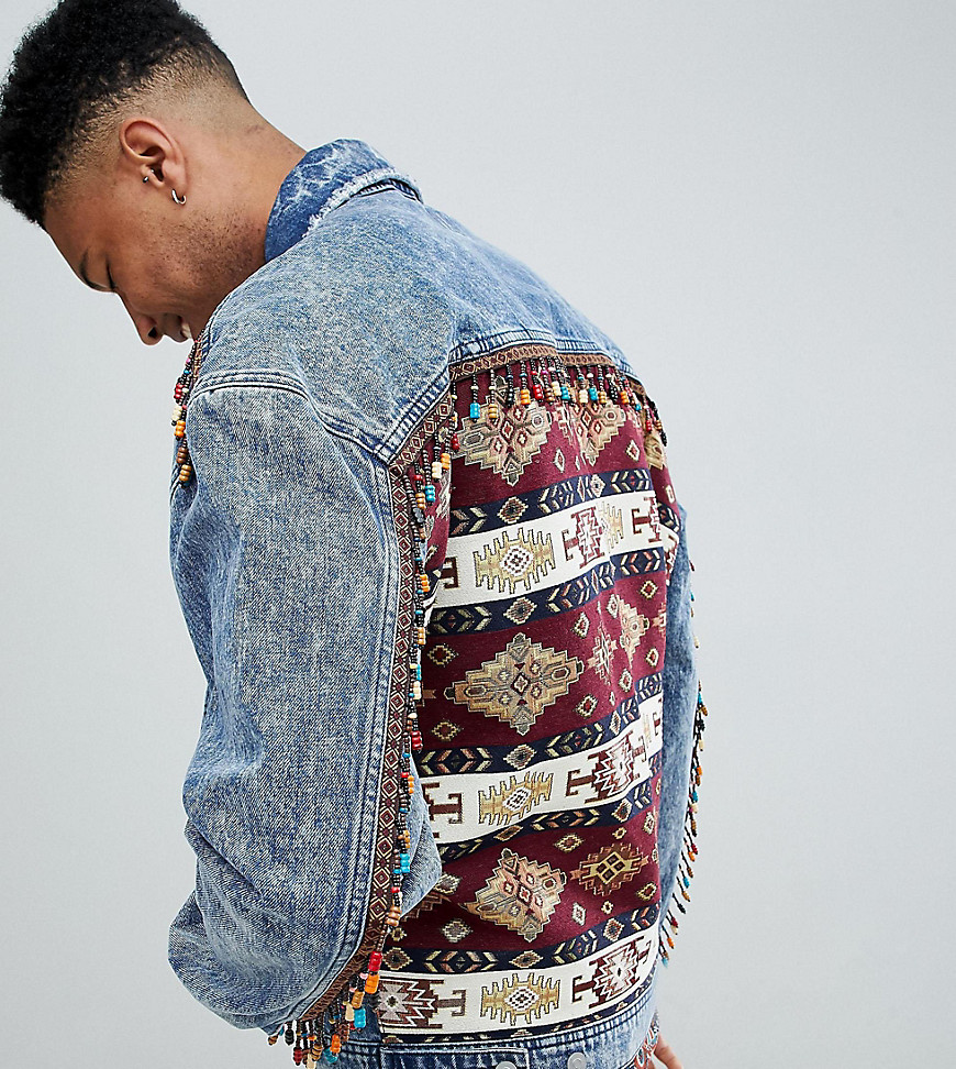 ASOS DESIGN tall oversized denim jacket with back print and beading