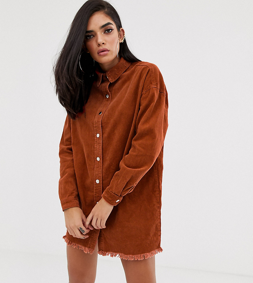 Missguided exclusive oversized cord shirt dress in rust