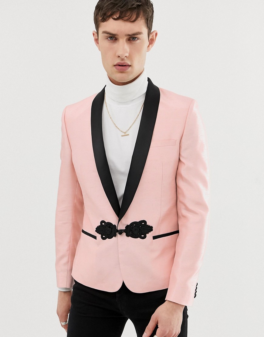 ASOS DESIGN skinny cropped blazer in pink silk look with shawl lapel
