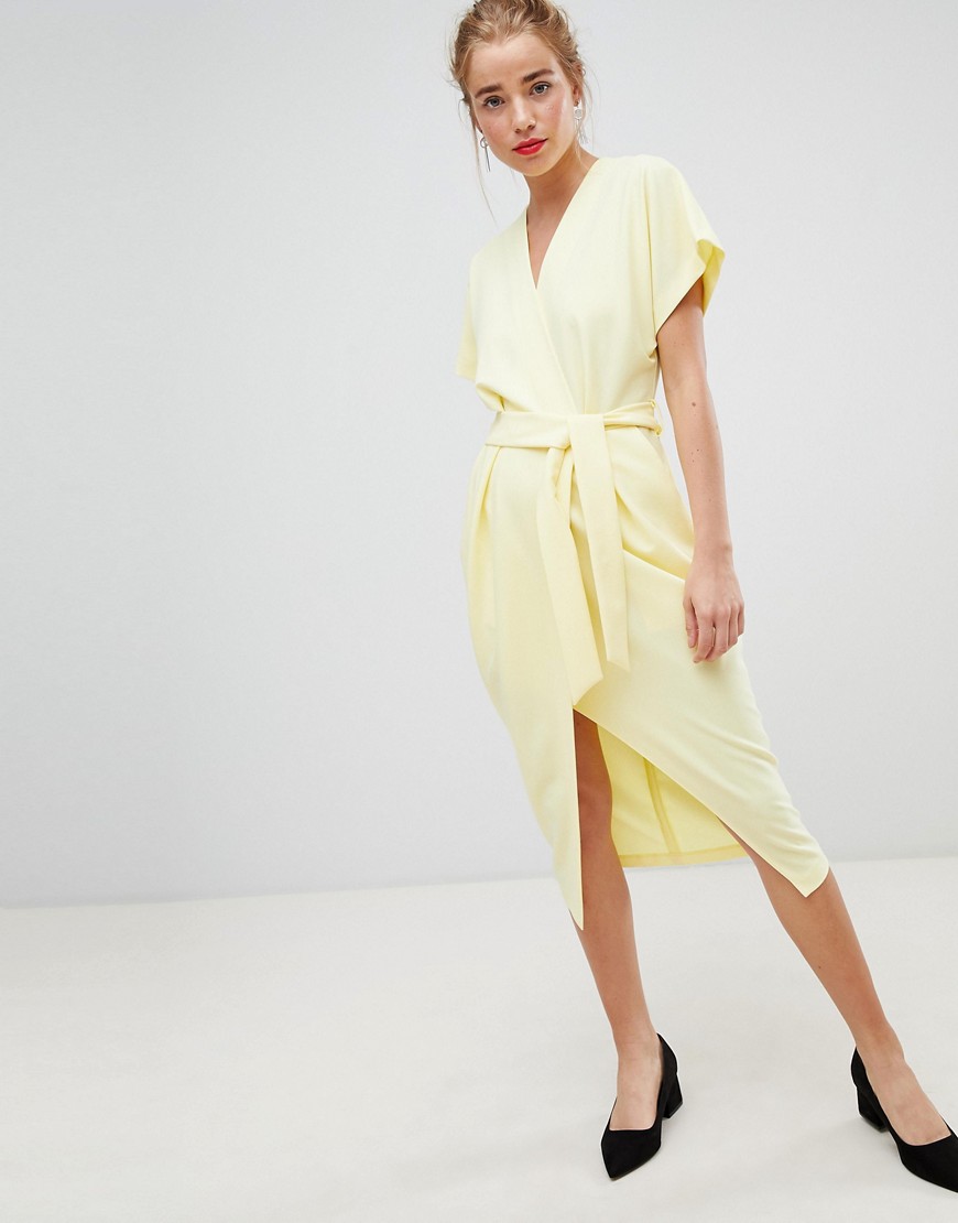 Closet London short sleeve tie front dress in lemon yellow