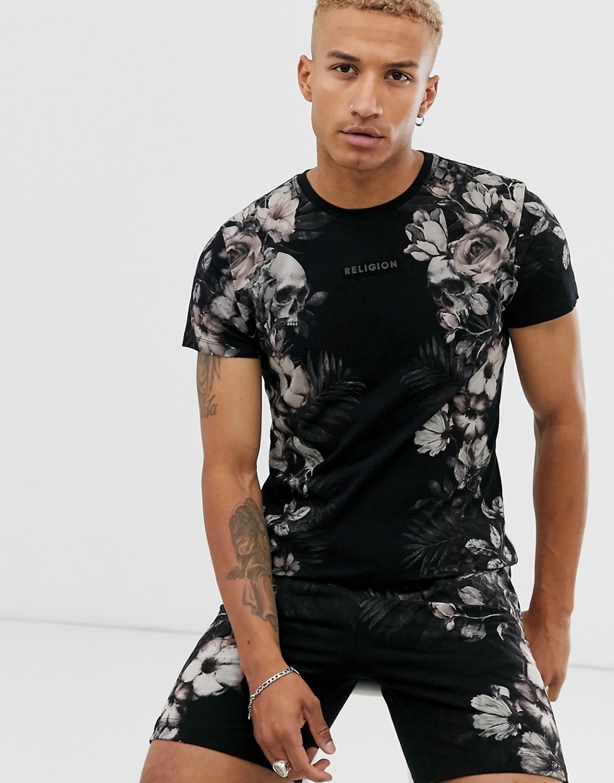 Religion co-ord t-shirt with floral side print in black