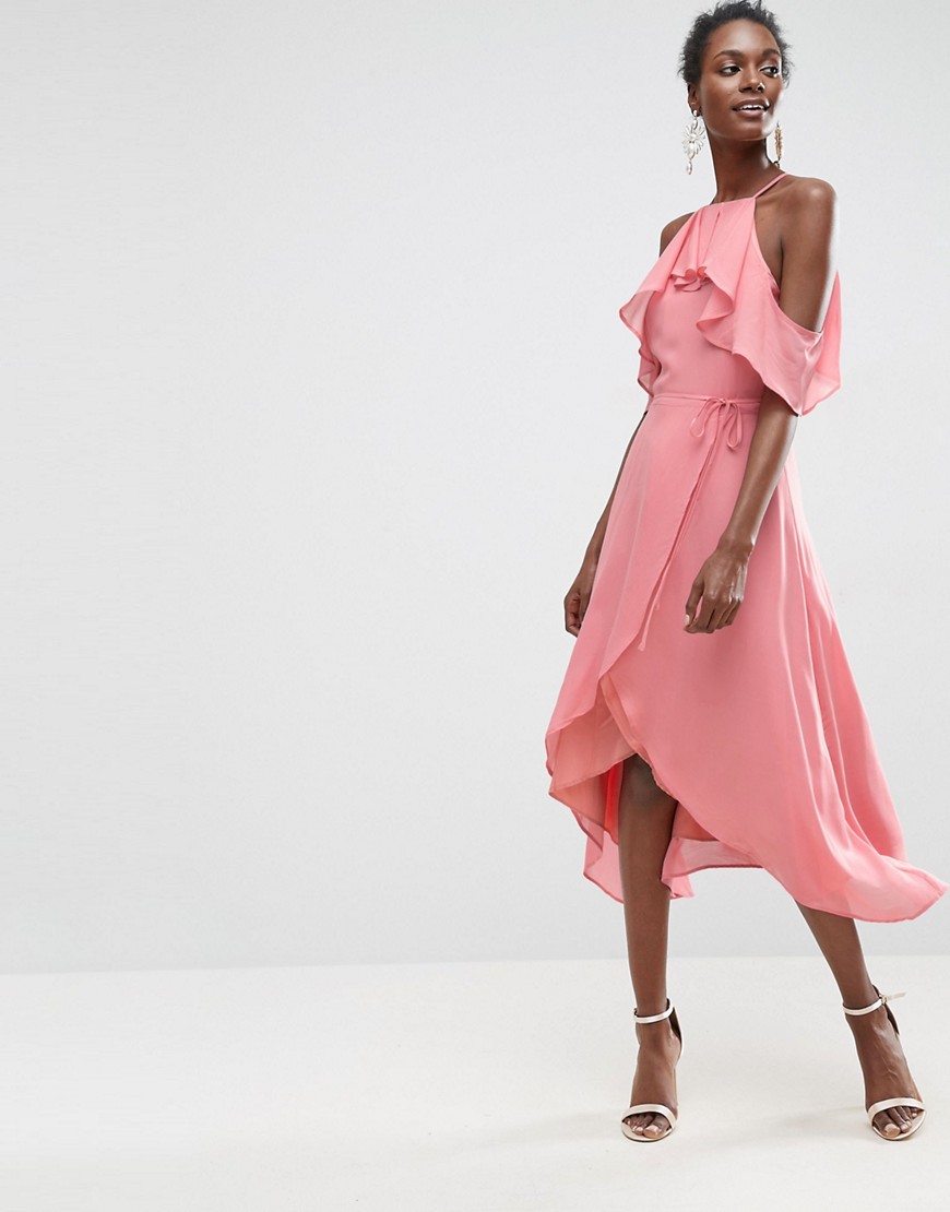 Платье миди с открытыми плечами и запахом ASOS - Розовый ASOS DESIGN 