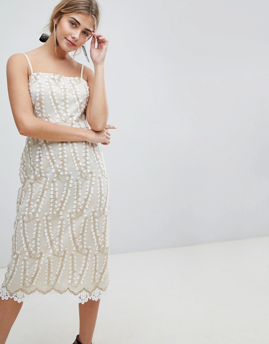 Dolly & Delicious Allover Cutwork Lace Midi Pencil Dress With Crochet Trim Detail