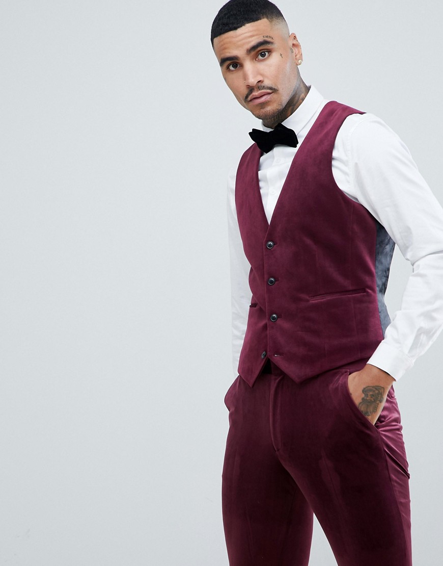 ASOS DESIGN super skinny prom suit waistcoat in burgundy velvet