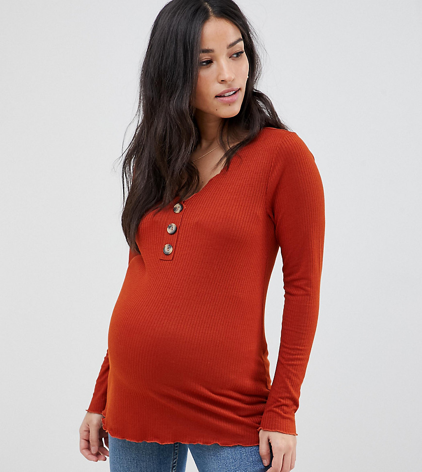 ASOS DESIGN Maternity v neck ribbed top with button detail in rust