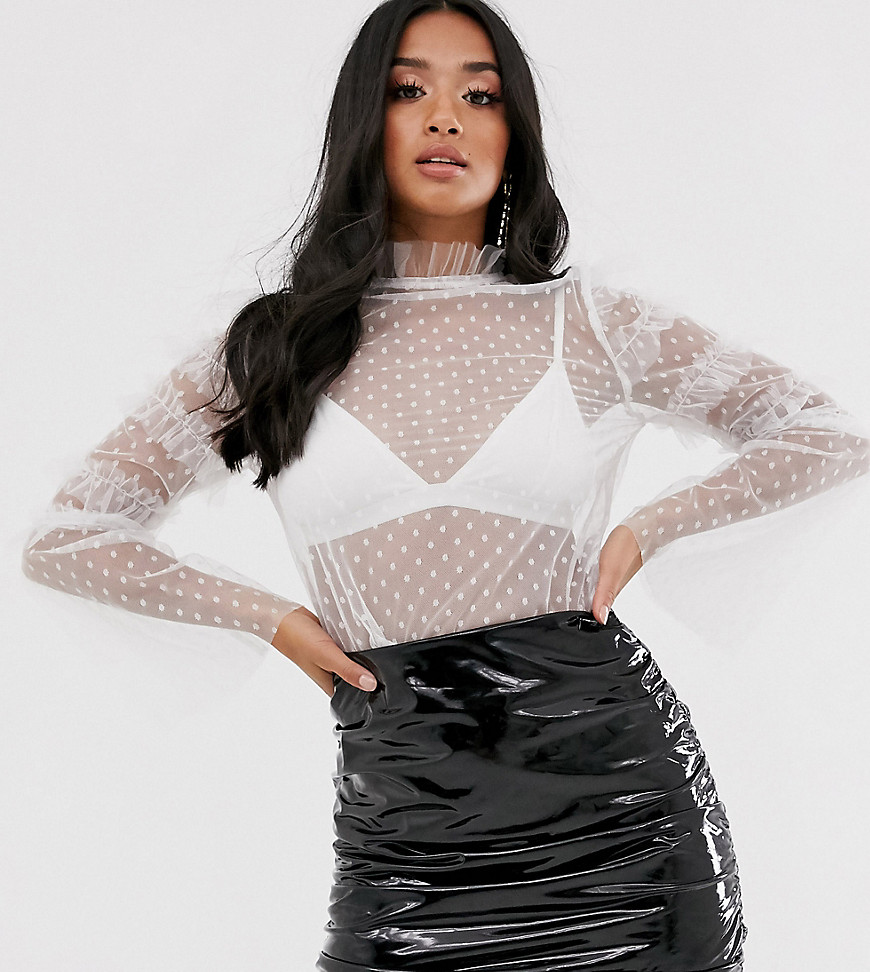 PrettyLittleThing Petite dobby mesh top with frill sleeves in white