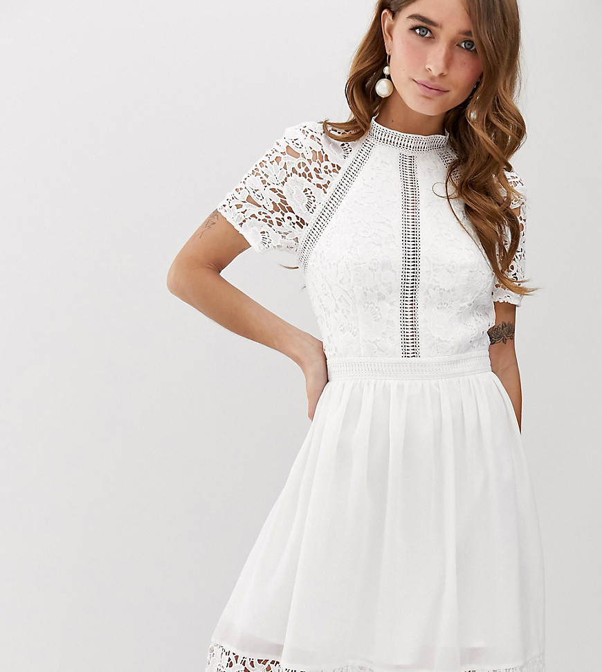 Chi Chi London Petite lace detail skater dress in white