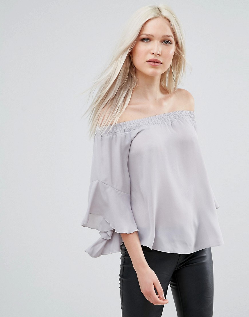 AX Paris Bardot Top With Flute Sleeves - Silver