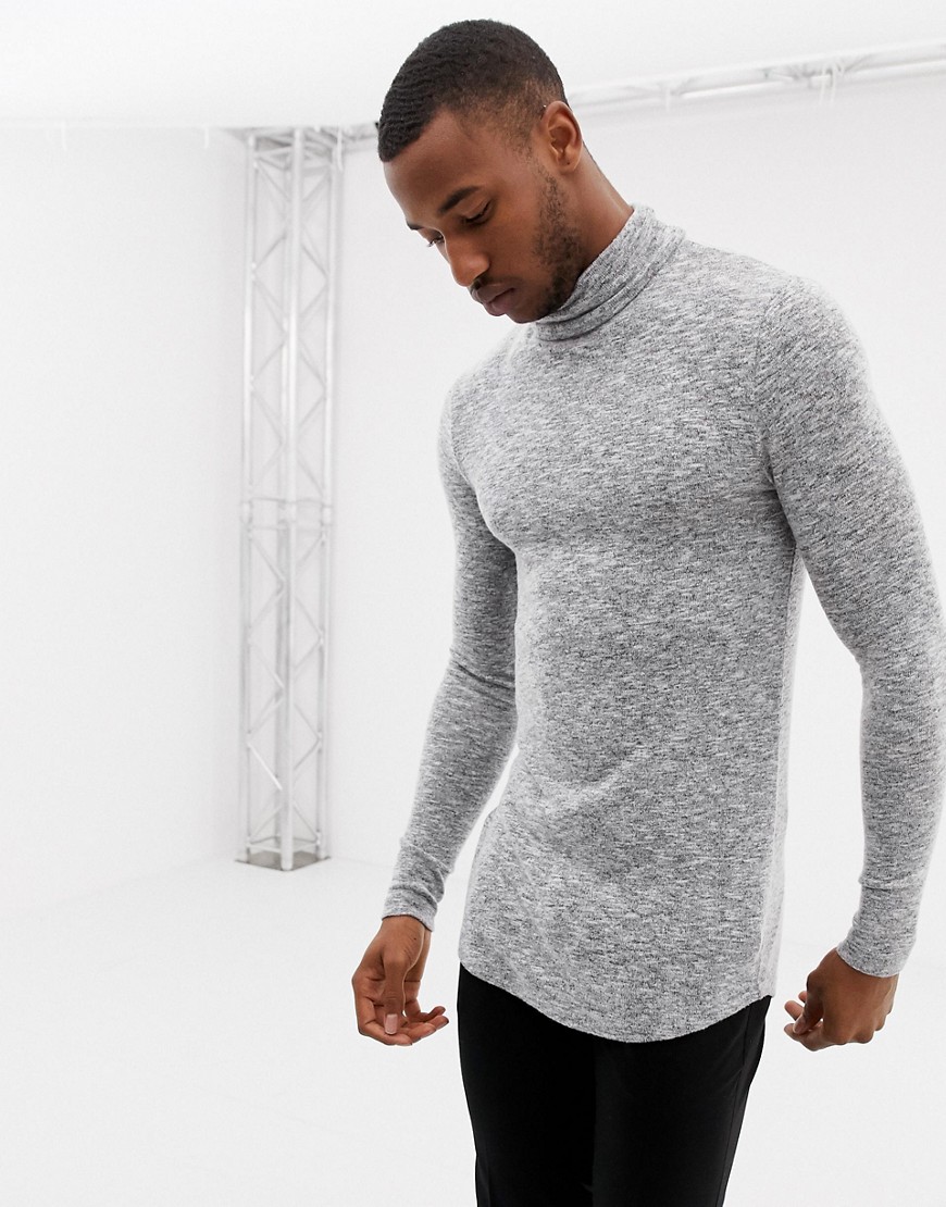 ASOS DESIGN muscle fit longline long sleeve t-shirt with roll neck and curved hem in brushed fabric in grey