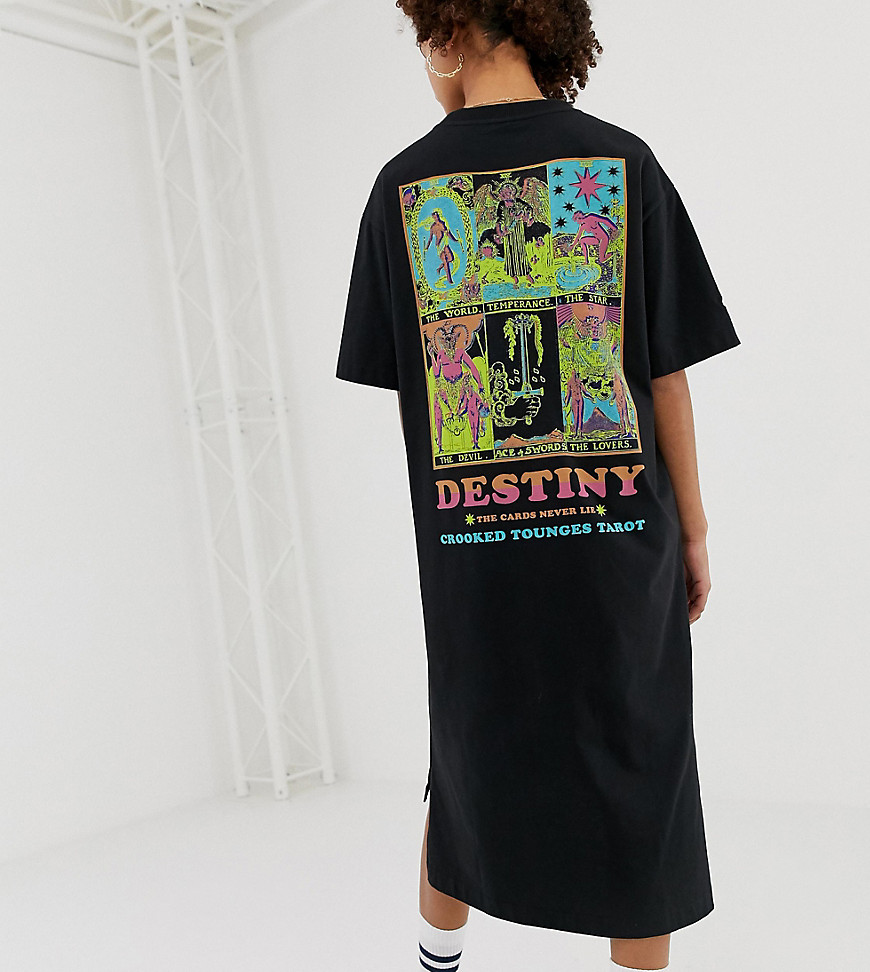 Crooked Tongues t-shirt midi dress with stepped hem & side split with destiny print