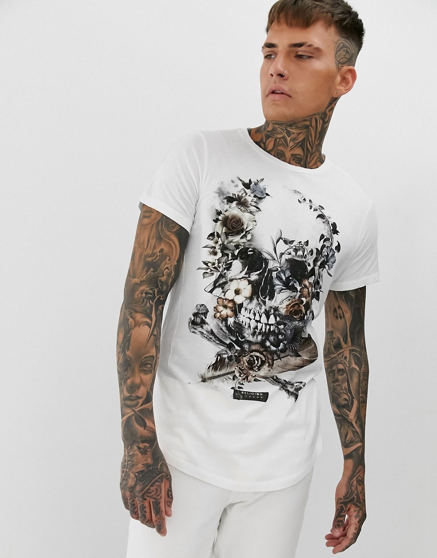 Religion curved hem t-shirt with skull print in white