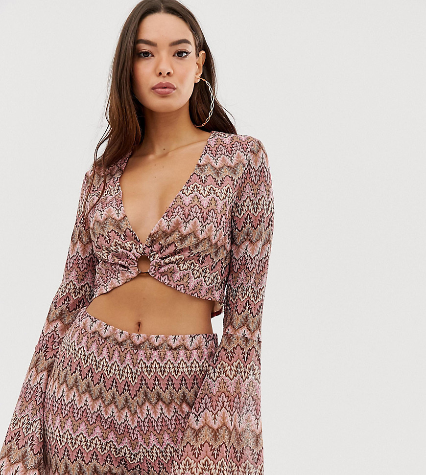 Missguided co-ord crop top in pink chevron with flared sleeves