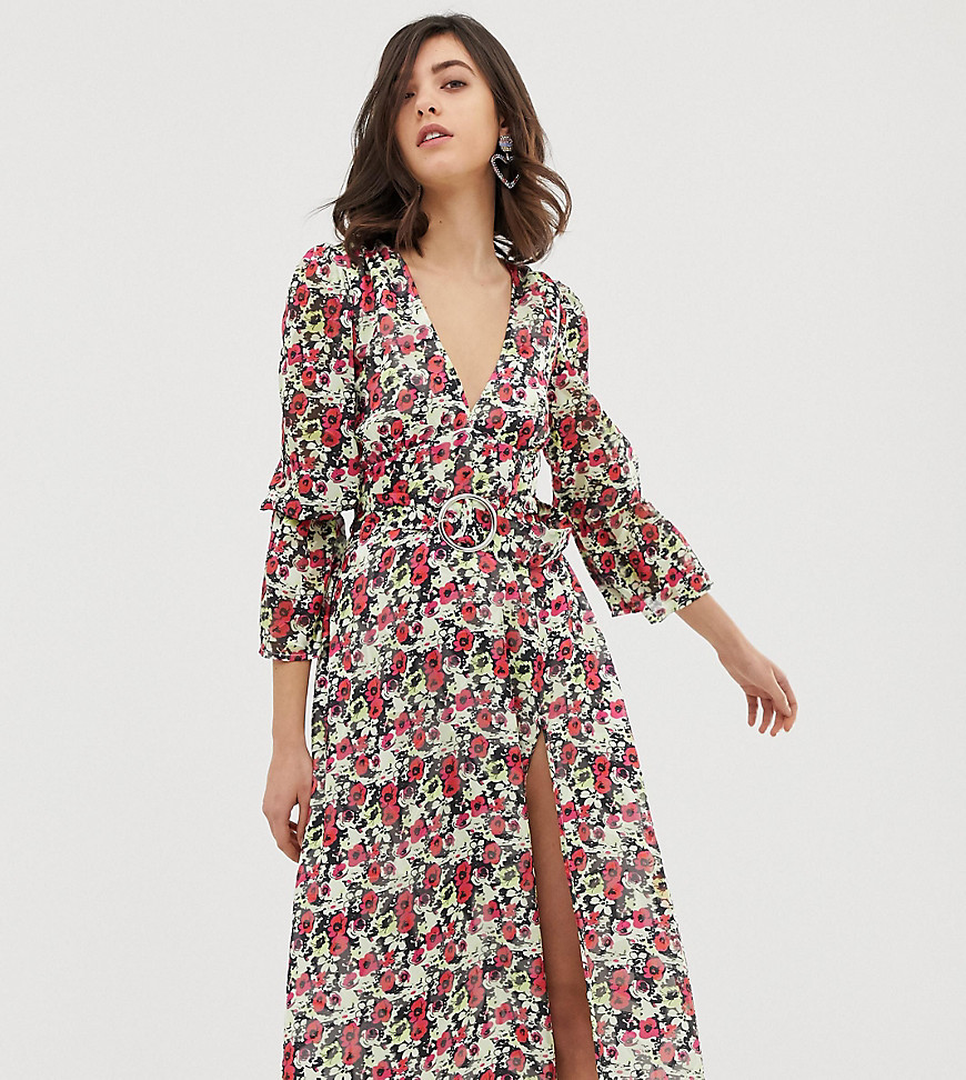 Dusty Daze long sleeved midi dress with thigh split in floral
