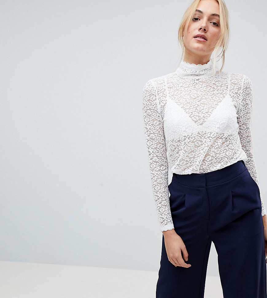 Fashion Union Tall High Neck Top In All Over Lace - White lace