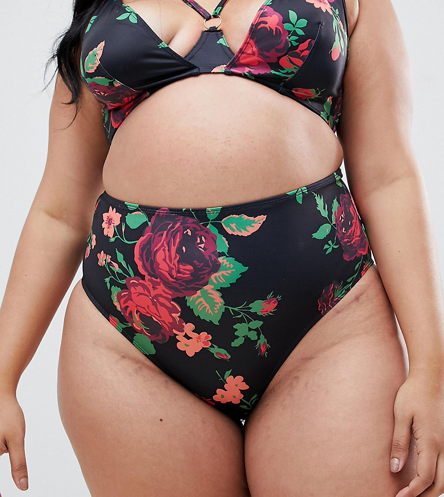 Wolf & Whistle Curve Exclusive floral high waist bikini bottom in black