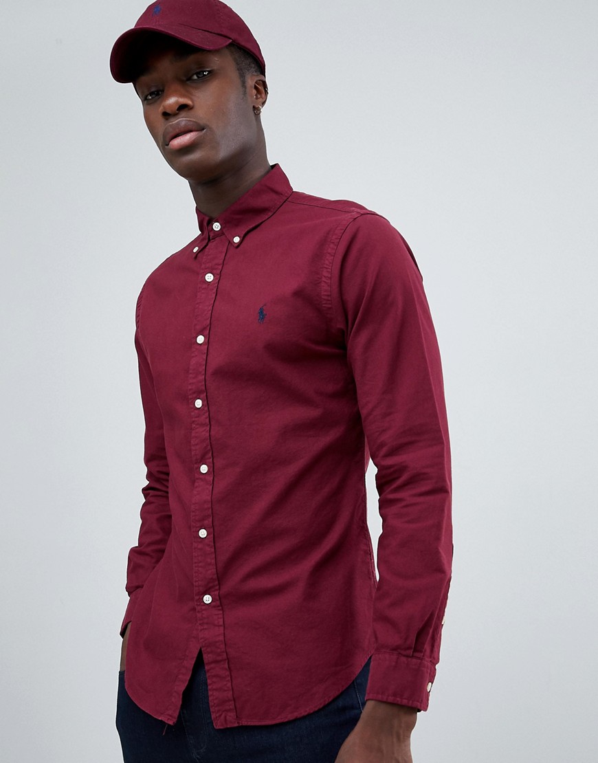 Polo Ralph Lauren slim fit garment dyed shirt player logo button down in burgundy - Classic wine