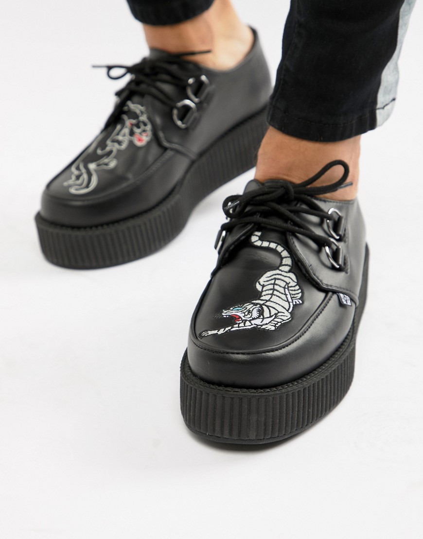 T.U.K platform faux leather creepers with panther embroidery