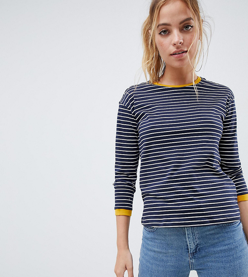 Noisy May Petite Stripe Sweatshirt With Contrast Ringer - Wht/nvy w nugget gld