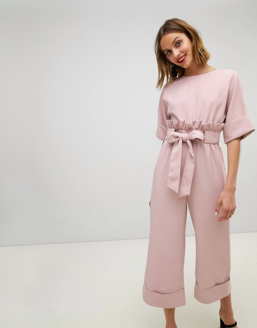 Lost Ink Wide Leg Jumpsuit With Tie Waist And Frill Detail - Pink