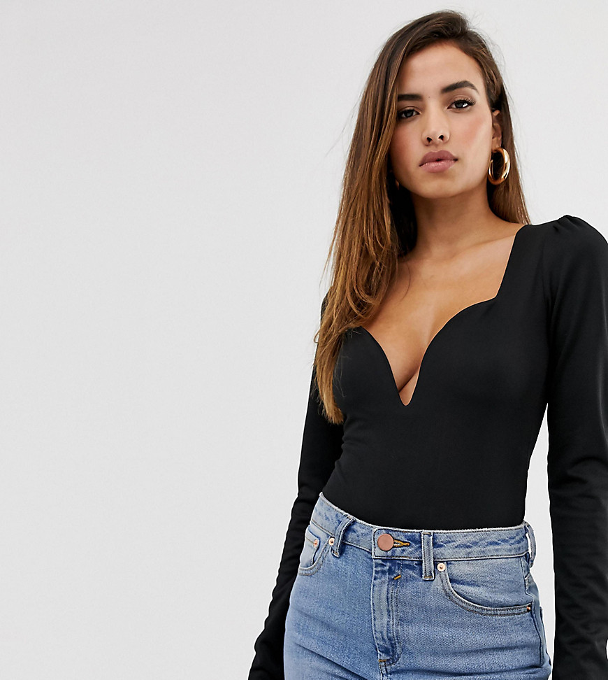 PrettyLittleThing plunge body with puff sleeve in black