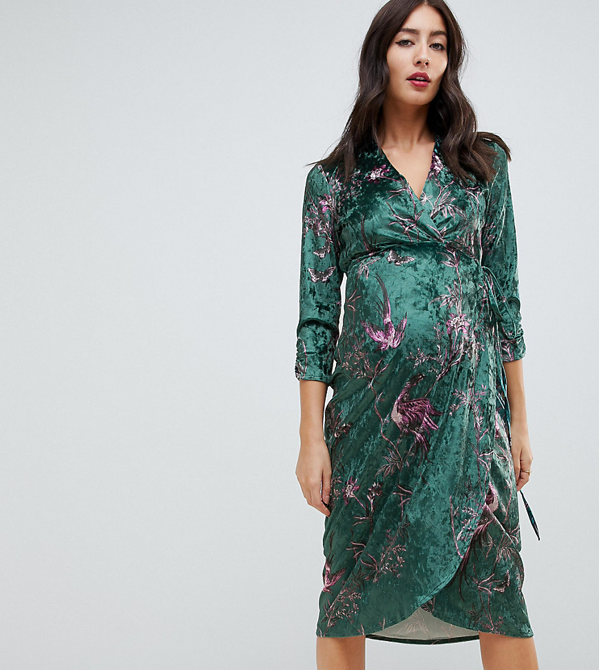 Hope & Ivy Maternity long sleeve wrap front velvet midi dress in bird print