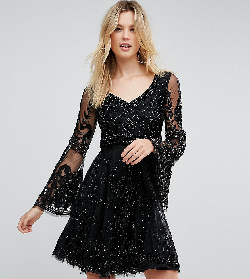 A Star Is Born Tall Embellished Mini Skater Dress With Fluted Sleeve in black - Black