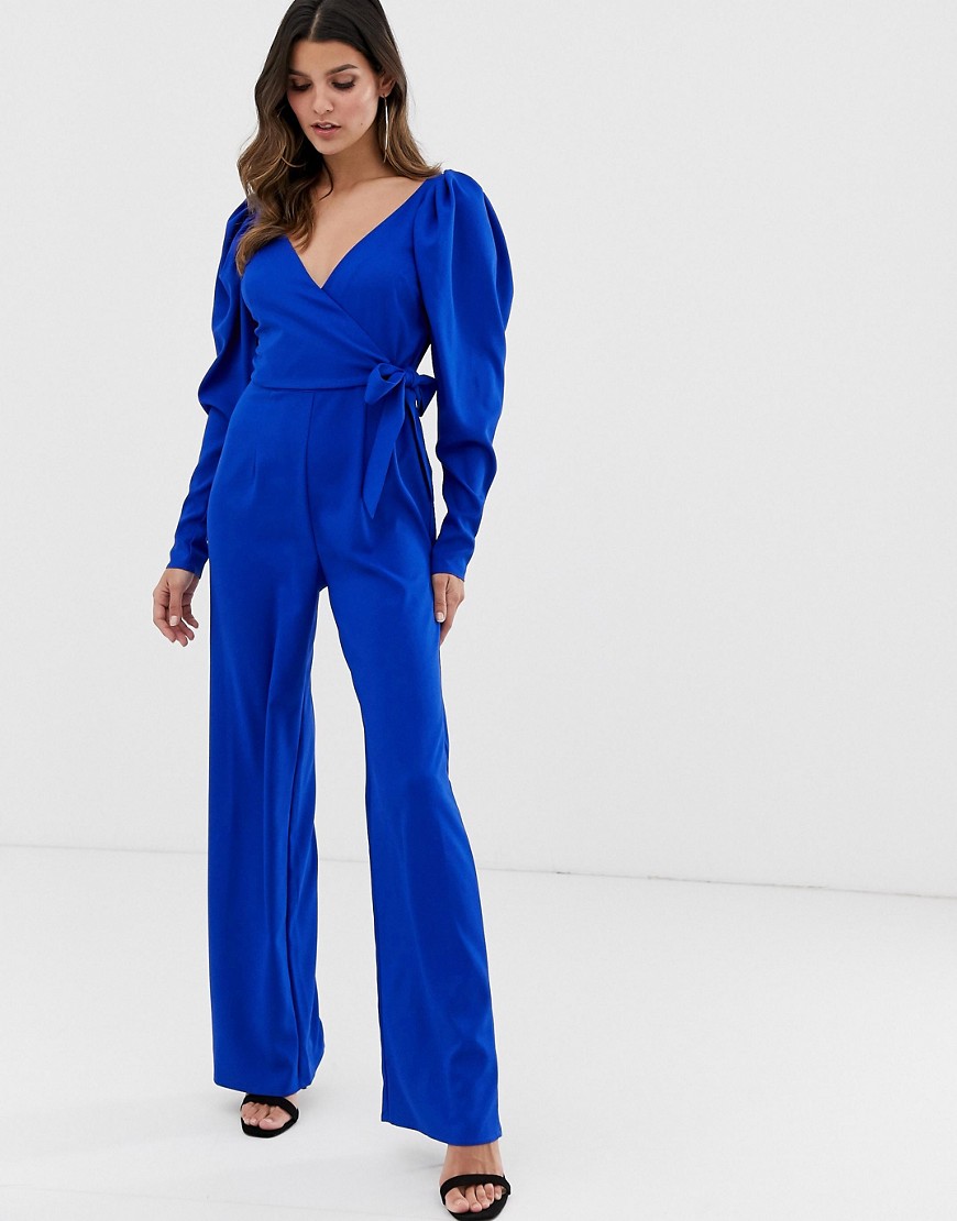 ASOS DESIGN long sleeve plunge wrap jumpsuit with ruched sleeve