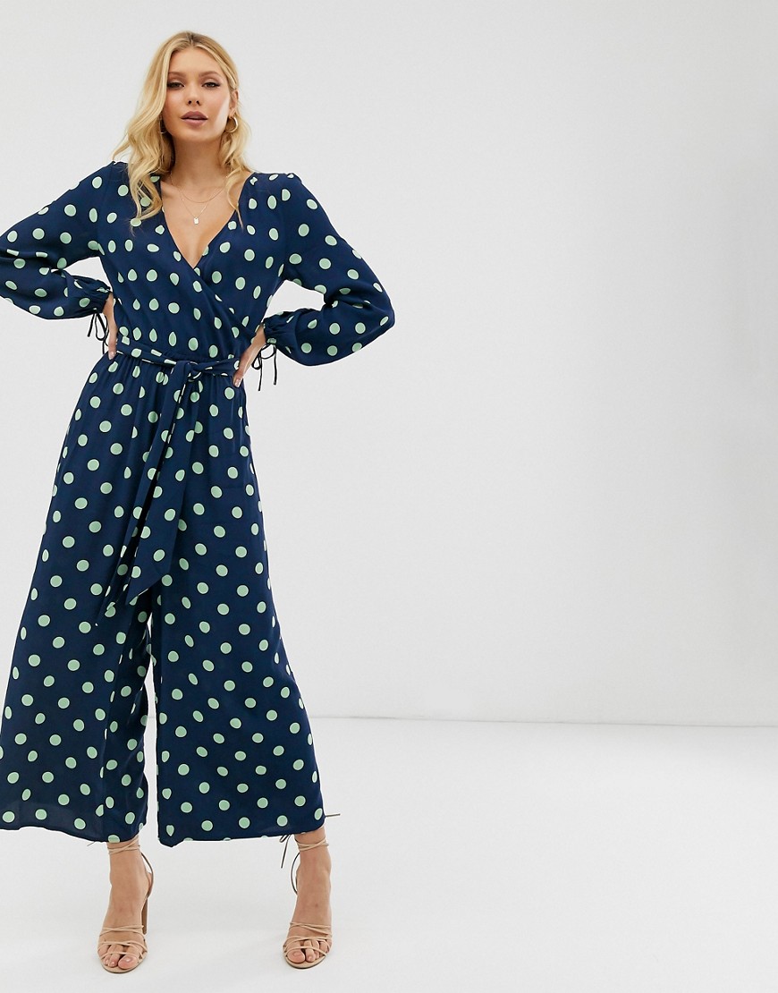 ASOS DESIGN wrap jumpsuit in spot print with tie cuffs
