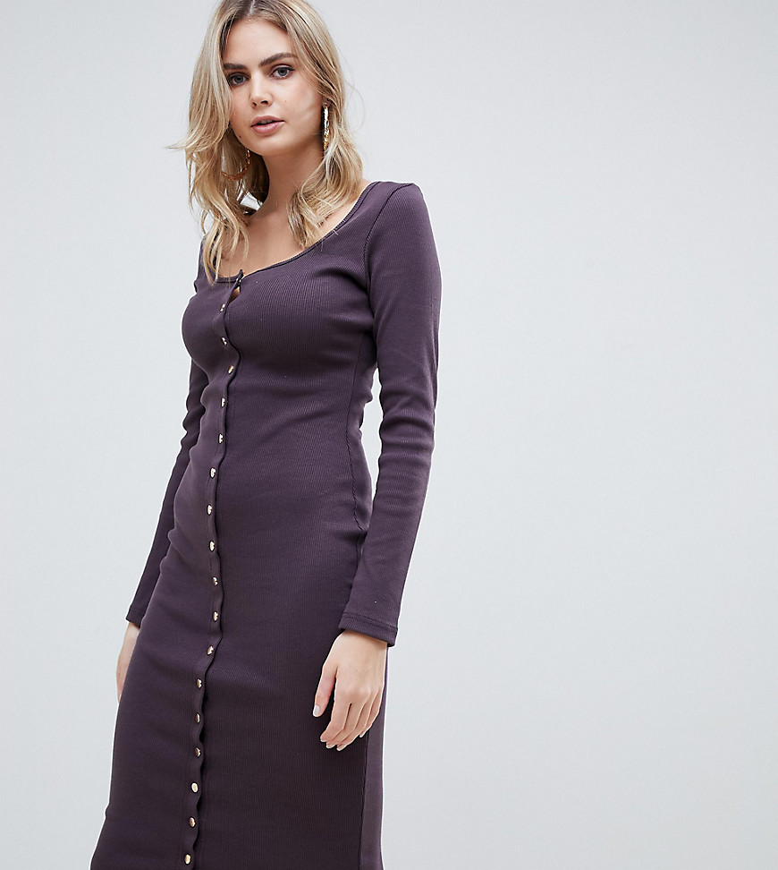 Missguided Tall popper detail ribbed midi dress in aubergine