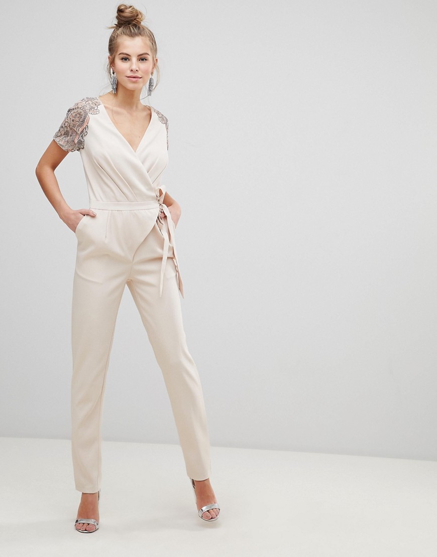Little Mistress Wrap Belted Jumpsuit With Embroidered Sleeves