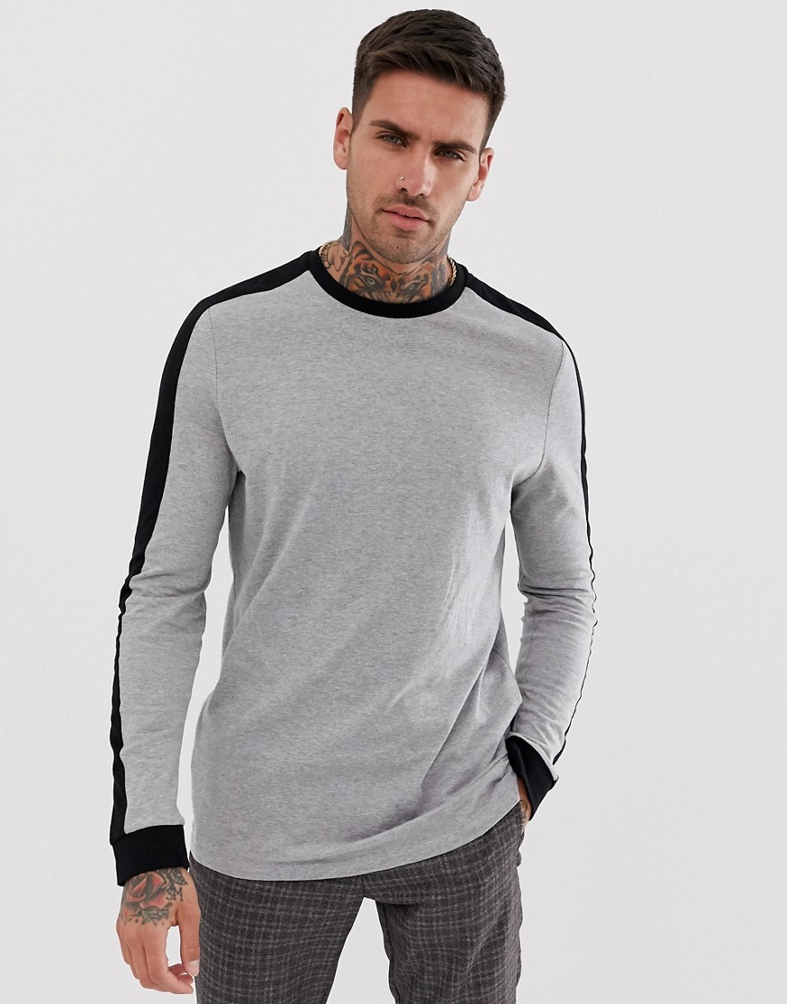 ASOS DESIGN organic longline long sleeve t-shirt with contrast shoulder panel in grey marl