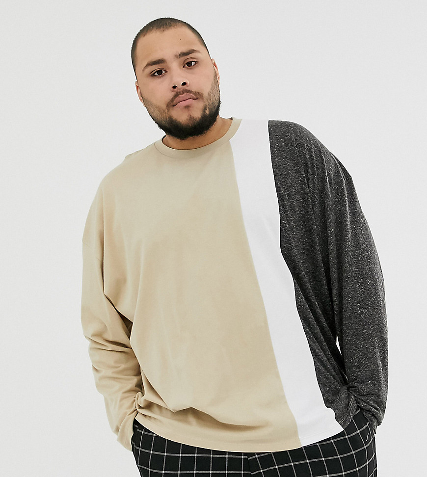ASOS DESIGN Plus oversized long sleeve t-shirt in linen mix with vertical colour block