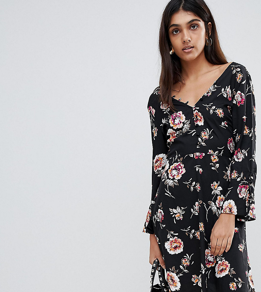 Influence Tall Rouleaux Loop And Button Detail Dress In Floral Print