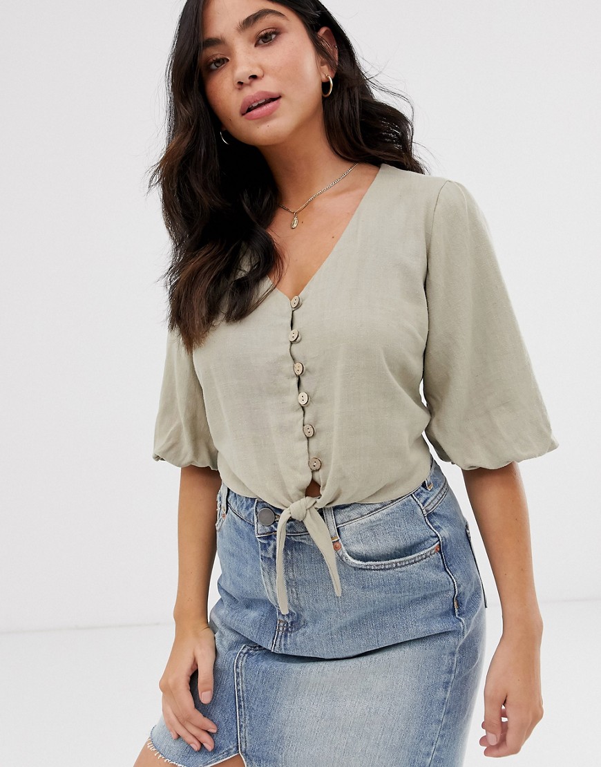 New Look puff sleeve tie front button through top in stone