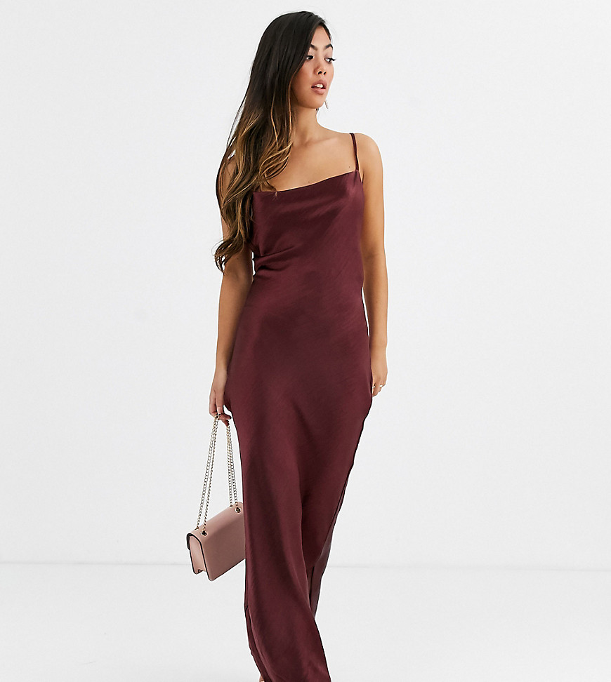 Asos Design Petite Cami Maxi Slip Dress In High Shine With Lace Up Back - Purple