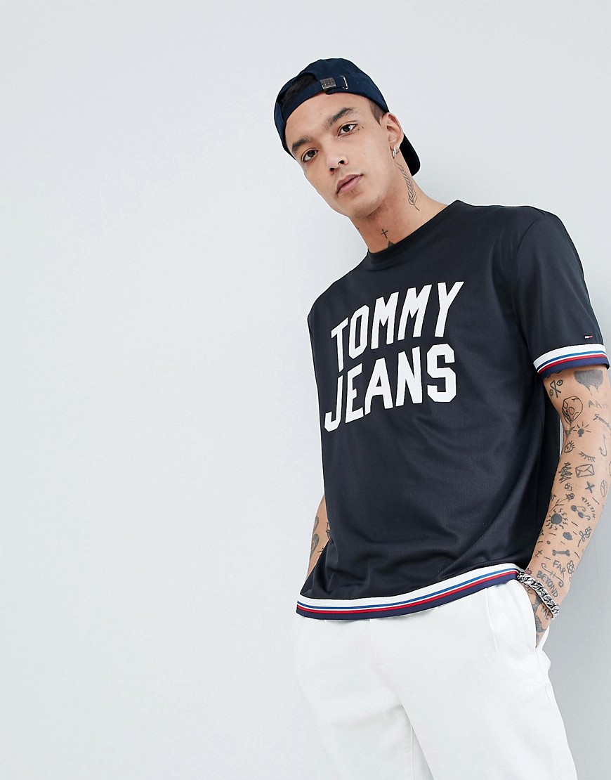 Tommy Jeans Capsule Oversized Mesh Icon Stripe Trim Logo T-Shirt in Black - Tommy black