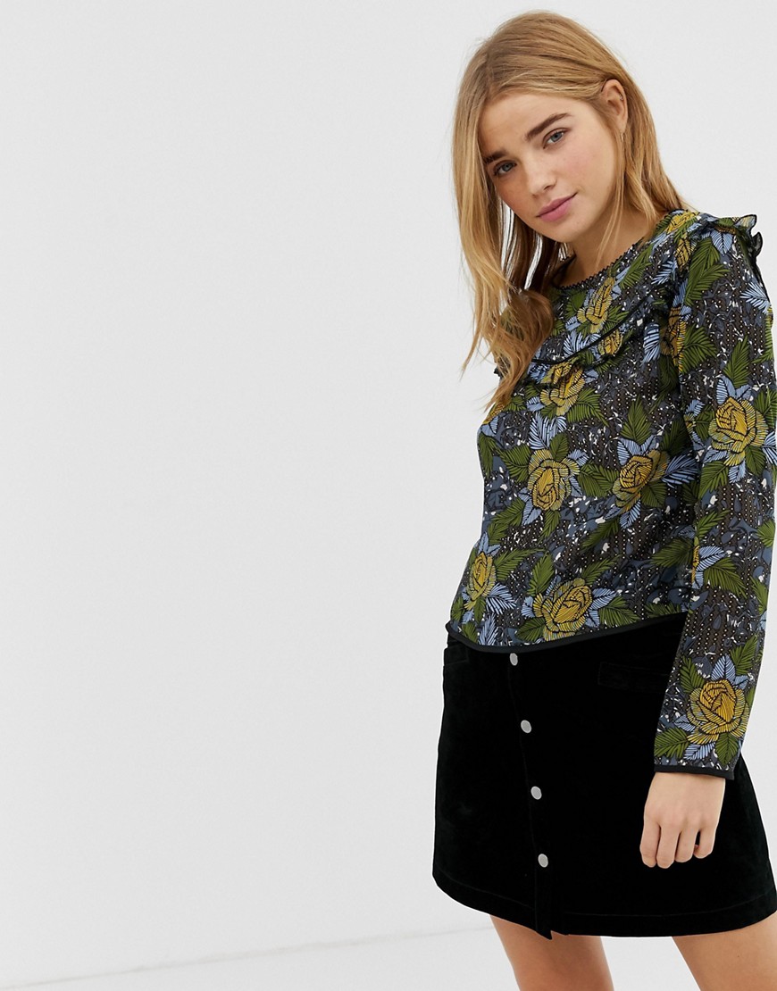 QED London printed blouse with frill detail