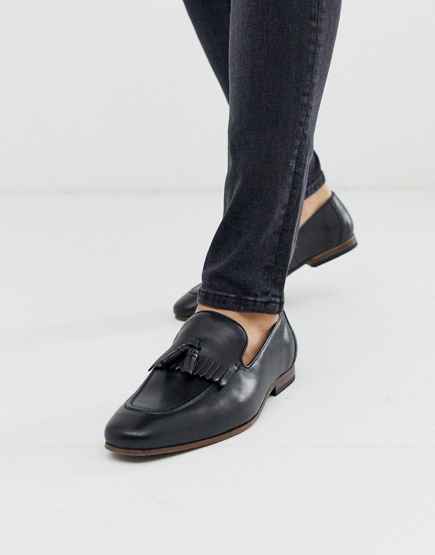 ASOS DESIGN loafers in black leather with fringe detail and natural sole
