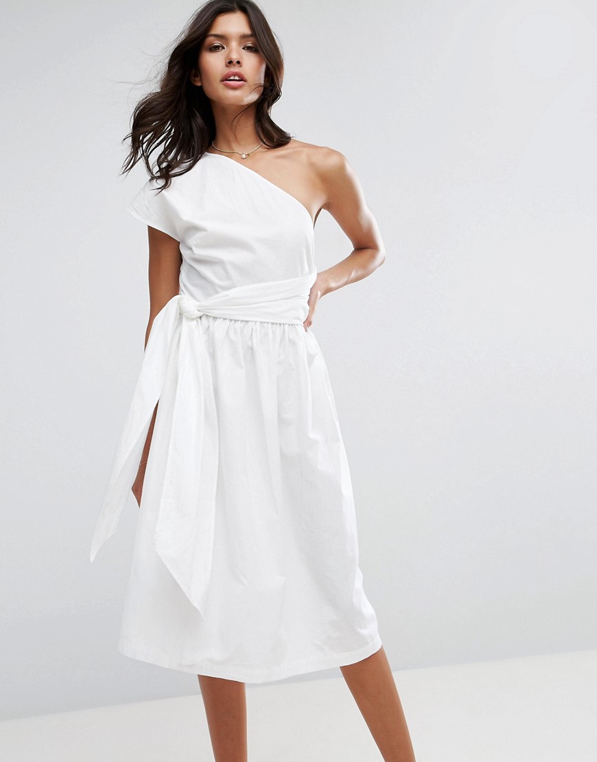 ASOS One Shoulder Cotton Midi Dress - White